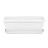 AC - Jardinera con Plato – Fabricado en Plástico Polipropileno – Macetero para Jardin - Maceta para Plantas y Flores Rectangular de Plástico con Agujeros de Drenaje – 50 cm – Color Blanco