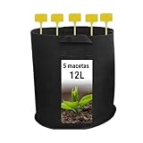 GROWMANIA 5 Bolsas de Cultivo de Tela Negra con Asas - Macetas de 12L de Capacidad para Plantas y Flores Redonda + Etiqueta de Regalo