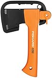 Fiskars Hacha pequeña de camping, Con estuche de almacenamiento y transporte, Longitud: 23 cm, Capa antiadherente, Peso: 564 g, Cuchilla de acero/Mango de plástico reforzado, Naranja, X5-XXS, 1015617