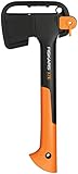 Fiskars Hacha pequeña universal, Estuche de almacenamiento y transporte incluido, Longitud: 35,5 cm, Capa antiadherente, Cuchilla de acero/Mango de fibra de vidrio, Negro/Naranja, X7-XS, 1015618