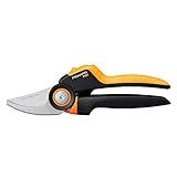 Fiskars Tijeras de jardín Bypass M, X-series PowerGear, P921, Mango giratorio, Para ramas frescas, Recubrimiento antiadherente, Cuchillas acero inoxidable, Longitud: 20,1 cm, Negro/Naranja, 1057173