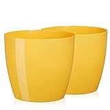 TYMAR Juego de 2 maceteros de plástico, diseño moderno, redondo, color amarillo, diámetro de 23 cm
