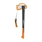Fiskars Set de herramientas, Hacha de corte, Incl. protector de hoja, Acero/plástico, y Sierra de mano para madera fresca, Retráctil, Hoja de sierra de acero inoxidable, Negro/Naranja, 1025437