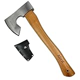 Xforst Hacha X-H6 Hacha vikinga Hacha de Supervivencia de Acero al Carbono Forjado | con Mango Hickory y Protector de Hoja de Cuero Genuino | Longitud de 38 cm, Peso de 0,75 kg