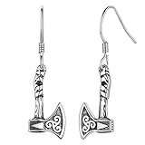 Silvora Pendientes Mjolnir Hacha Odin con Nudos de la Bruja Nordico Plata Envejecida, Pendientes Martillo Thor Plata de Primera Ley con Cierre Gancho