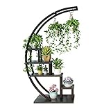 Soporte para plantas de madera y acero en macetas de 5 niveles 9 con percha Soporte para macetas con marco de flores Soporte para macetas, Estante curvo para macetas para interiores y exteriores