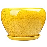 Maceta Simple Estilo Chino Flor Amarilla Esmalte Maceta De Cerámica Interior Maceta Grande Para Plantas Suculentas Con Bandeja Balcón Al Aire Libre Maceta Transpirable Maceta Exquisita,17.5*25cm