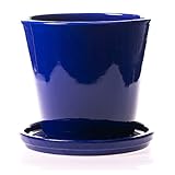 ALFAREROS DAMIAN CANOVAS Maceta DE Barro ESMALTADA EN Color Azul Cobalto+ Plato.Modelo CAÑA 2. Medidas 23X21