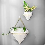 Jarrón para macetas colgantes triangulares, SUNJULY macetero de cerámica de pared, contenedor de decoración geométrica de pared ideal para plantas suculentas planta de aire mini cactus 17x10cm, dorado