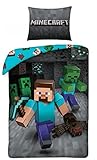 Halantex MNC207 - Juego de Cama Individual Minecraft Steve con Hacha - Funda nórdica Oficial Original - Multicolor - 100% algodón - 140 x 200 cm + 70 x 90 cm