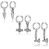 MILACOLATO 3 Pares Pendientes Vikingos Hombre Dangly Norse Thors Martillo Hacha Acero Inoxidable Huggies Pequeño Aro Pendientes De Mujer Joyería Gótica Plata