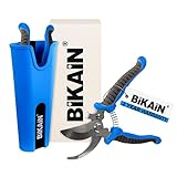Kit de Tijera de Poda a 1 Mano y Funda - Modelo 35RKIT1 - Corte Bypass - Cuchilla de Acero Inoxidable - Mango Bimaterial, Ergonómico y Antideslizante - Funda Flexible Multiusos - Color Azul - Bikain
