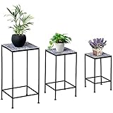 Outsunny Soportes para Plantas de Metal 3 Piezas Apilables Estantes Porta Macetas con Encimera de Azulejo Decorativa para Interiores y Exteriores 31,5x31,5x60,5 cm Azul y Negro