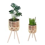 Navaris Set de Soportes para Plantas - 2X Soporte Macetero Rústico de Ratan con Patas de Madera - para Maceta de Jardín o Interior Grande y Pequeña