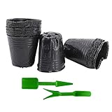 Lifreer Maceta de plástico para plantas, 50 unidades, bolsa de elevación negra + 2 piezas de plástico para trasplantar (color al azar)