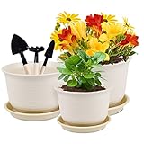 Herefun 3 Piezas Macetas de plástico, Maceta de Semillas con Bandeja, Orificio de Drenaje, Maceta Redonda, Macetas para Plantas, Plántulas, Flores 3 tamaños 15 cm, 18 cm, 21 cm (Beige)