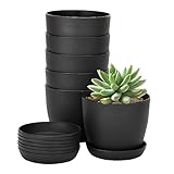 KINGLAKE 8 macetas de plástico Negro Grueso de 10 cm, pequeñas macetas Redondas con bandejas para Plantas suculentas, pequeñas Plantas en macetas