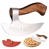 LUZLED Cortador de pizza de hacha vikinga, mango de madera vintage, hacha vikinga, cabeza de hacha vikinga de acero inoxidable, runas grabadas a mano, hacha de pizza vikinga, 14 cm