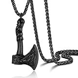 PROSTEEL Hacha de Odin Colgante Fenrir Vikingo Lobo, Hacha de Thor Nordico Negro Collar Acero Inoxidable 55cm Largo