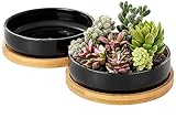 Yangbaga 2 Macetas de Ceramica para Suculentas Ronda Plantador de Cactus de Flores con Bandeja de Bambú Negro