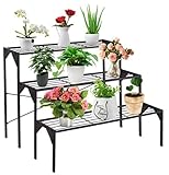 GOPLUS Estantería de Metal para Macetas, Estantería Escalera Decorativa para Plantas con 3 Niveles en Interior y Exterior, Soporte Rectangular de Almacenamiento de Macetas en Patio, Terraza, Negro