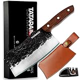 Chigabiga Hachuela cuchillo carnicero para barbacoa - Hacha de cocina de acero inoxidable 295 mm - Cuchillo estilo japonés - Pack caja regalo + Funda de cuero + Afilador de cerámica (Pack Hachuela)