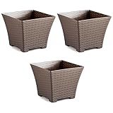 AC - Pack de 3 macetas Cuadrada - Fabricación en plástico – Diseño Rattan – Ideal como macetero, Tiesto, Recipiente para Plantas, Flores, balcón, terraza, jardín – 25 cm – Color Topo