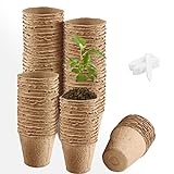 100 macetas de cultivo de 8 cm, biodegradables, con 100 etiquetas de plástico blanco para plantas, macetas de celulosa