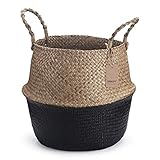 Cesta Mimbre Decoracion Naturales Cesta para Plantas Almacenaje Macetas Seagrass (Negro)