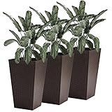 Outsunny Conjunto de 3 Macetas Cuadradas para Plantas Flores 3 Maceteros con Efecto de Símil Ratán para Jardín Terraza Interior y Exterior 36,5x36,5x61 cm Marrón