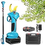 Tijeras de Podar Electricas con Pértiga de Extensión, DiáMetro MáXimo de Poda 60mm, Tijeras de Podar Bateria Profesional con Baterías 2Ah, Sk5 Teflón Blade, para Jardineria, Huerto,2Batterys