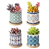 Lewondr Macetas para Suculentas de Cerámica,[4PCS]7CM Macetas Decorativas con Patrones Simétricos HD con Bandejas de Bambú, Maceteros para Cactus Planta Pequeña para Hogar Jardín Terraza, Multicolores