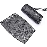Thajaling Pulsera de cuero con guantelete hecha a mano, pulsera de cuero de grano completo, brazalete de cuero, muñequera vikinga, brazaletes de brújula rúnica Viking para recreación histórica (Negro)