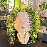 Maceta solar para rostro, cabeza suculenta, macetas de flores, con luz LED, resistente al agua, resina con orificio de drenaje, lindos ojos cerrados, para mujer, maceta,balcón, decoración de jardín